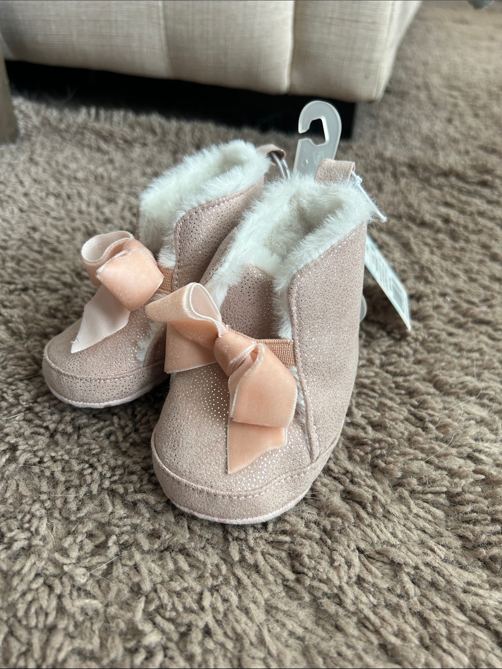 Baby Toddler Faux Fur Lined Bow Booties - Blush Pink